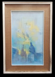 Listed Artist Juan Noguez (Mexico) Mid Century Blue Abstract With Figures Oil Painting