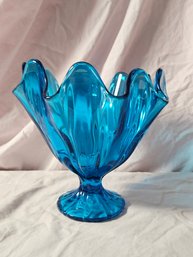 Vintage Creped Glass Vase/ Dish In Magnificent Blue