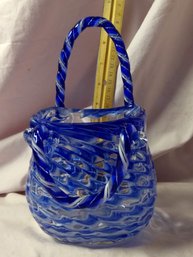 Vintage Murano Glass Style Blue And Clear Glass Purse Vase