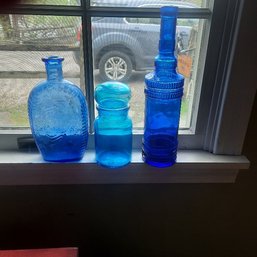 #74 - Lot Of 3 Vintage Blue Glass Bottles. One Has George Washington On The Front