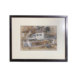 Original Acrylic On Paper - Retired Maine Lobster Boat - Matted And Well Framed Behind Anti Glare Glass