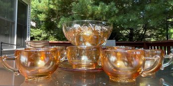 Vtg 50's Jeanette Peach Luster EGG NOG Punch Bowl 11 Cups, 6 Saucers- Bowl Holds 1 Gallon- No Chips