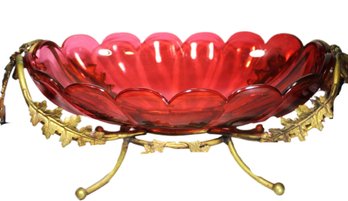 Large Antique Fine Cranberry Cut Glass Centerpiece Having Ormolu Mounted Frame