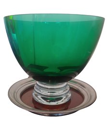 Vintage Mid Century Emerald Green Glass Table Center Bowl With Underplate