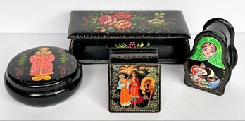 Four Russian Wood Lacquer Painted Trinket Boxes 1 Signed Assorted Sizes
