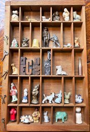 36 Assorted Miniatures -porcelain, Brass, Cast Iron, More! All In A Wooden Display Box