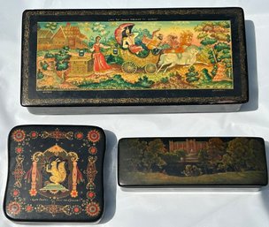 Lot # 1 -VTG  Set Of 3 Handpainted Black Lacquer Boxes Signed Purchased In Russia ( READ Description)