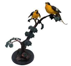 Vintage Signed Cold Painted Bronze Sculpture Birds On Branch With Marble Base