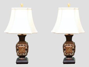 Set Of 2 Serpentine Dragon Jade Fret Metal Urn Table Lamps