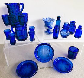 Large Assorted Lot Of Cobalt Items, Plus 1 Piece Of Akron Agate 2 Mini Pitchers With Cups Sets, More