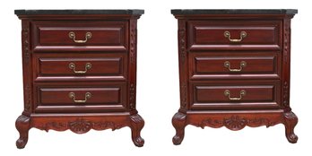 Set Of 2 Thomasville Mahogany 3-Drawer Nightstands With Marble Serpentine Top