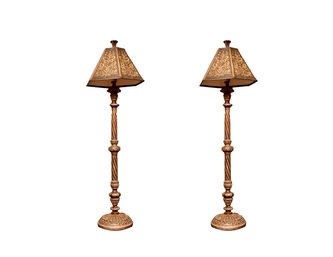 Set Of 2  Florentine Carved Gold Gilt Spiral Column Table Lamp With Floral Embossed And Stippled Panel Shade