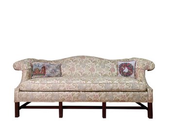 LAINE Of Hickory Camel Back Tapestry Upholstered Rolled Arm Sofa On Mahogany Legs