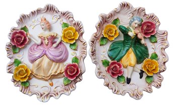Beautiful Pair Vintage Capodimonte Hand Painted Embossed Courting Couple Figural Wall Plaques