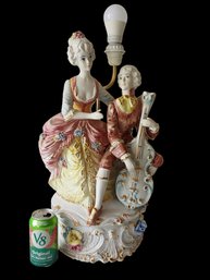 Vintage Large Capodimonte Figural Lamp With Colonial Couple Signed Made In Italy