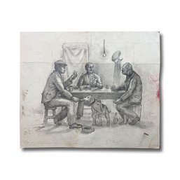 24x20 Charcoal Sketch On Paper - The Card Game - Unsigned