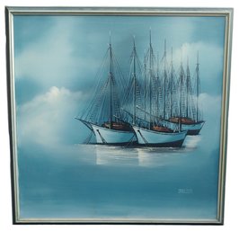 Carlson Vintage Mid Century Boats On Water Large Oil Painting