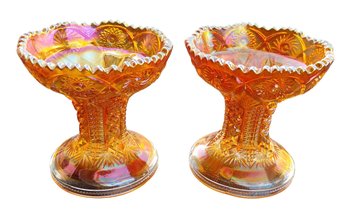 Pair Vintage Imperial Marigold Carnival Glass Compotes