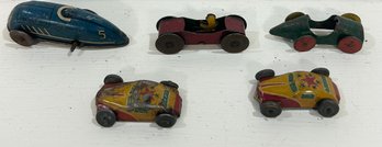 #114 - Lot Of 5 Vintage Tin Toy Cars In Varying Condition.