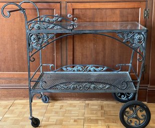 MCM  Wrought Iron And Glass Top On Wheels Tea Cart - Bar Cart ( READ Description)
