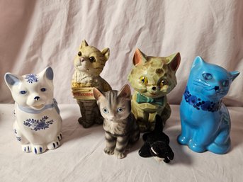 Selection Of Seven Vintage Cat Figurines Including A Guldkroken 1970's Turquoise Cat