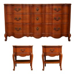 9-Drawer French Provincial Serpentine Dresser And 2 Nightstands
