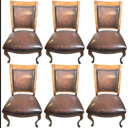 Set Of 6 -  Walnut Dining Chairs With Brown Leather Upholstery, Ealry 20th Century