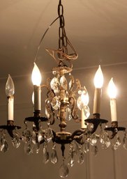 VINTAGE BRASS & HANGING CRYSTAL CHANDELIER