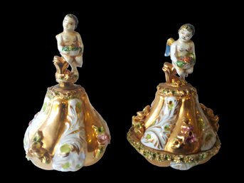 Pair Early 1900s Hand Painted Gilt Cherub Perfume & Covered Trinket Dresser Bottles