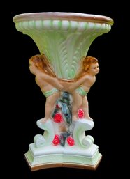 Vintage Double Cherub Painted Plaster Signed Angel Pedestal