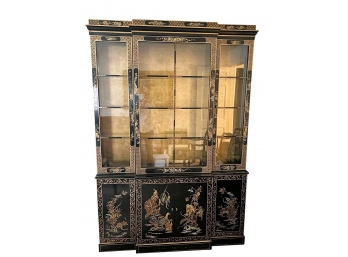 1970s Drexel Et Cetera Chippendale Chinoiserie Black Lacquer Gold Leaf Accent Breakfront China Display Cabinet