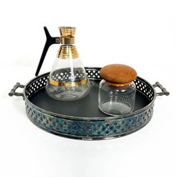 Chrome Tray, Glass Carafe, Teak Lidded Jar