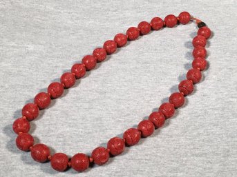 Lovely Vintage Hand Carved Cinnabar Necklace With Sterling Silver Clasp - Each Bead Is About The Size Of Grape