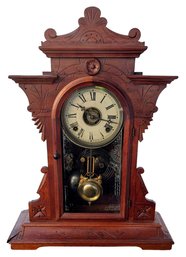 Antique Working Seth Thomas Incised Walnut 8 Day Key Wind Gingerbread Clock