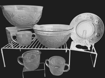 6 Pc. Set Indiana Clear Sandwich Glass: 2 Bowls, 1 Plate, 2 Open Sugar Bowls, 1 Creamer  (read Description)