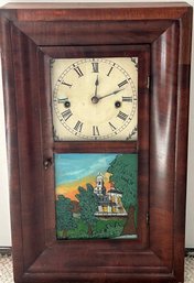 Antique Ogee Shelf Clock Reverse Glass Painted Bottom With Key 18.5' H X 11.5'W X4' D  UNTESTED