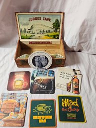 Vintage Cigar Box With Miscellaneous Advertising Coasters