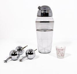 Barware: Cocktail Shaker, Shot Glass, Bottle Spout Pourers X 3
