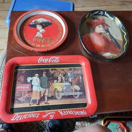 #9 - Lot Of 3 Vintage Coca Cola Tin Trays All In Great Condition 2 With Hangers - NR