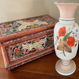 A Glass Hand Painted Japanese Poppy Vase And Balinese Hand Carved And Painted Wood Box