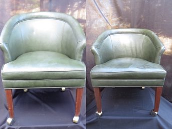 Pair Of Vintage Forest Green Leather Club Chair With Wheels.