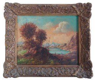 Signed Vintage Continental  River Landscape With Figures Oil Painting