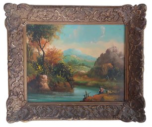 Signed Vintage Continental  River Landscape With Figures Oil Painting