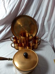 Set Of Copper Mugs, Pitcher, With Tray And Saucepan With Cover