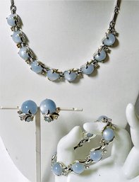 Vintage CORO 3 Piece Blue Moon Glow Costume Jewelry Set: 16 In. Necklace, 7 In. Bracelet, 1 In. Earrings