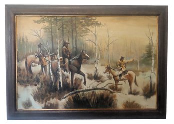 Signed Cowboys On Horseback In Widerness Oil Painting
