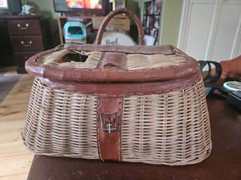 #92 - Vintage Wicker Fishing Creel Basket With Leather Trim.