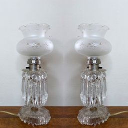 Pair - Crystal Drop Table Lamps With Frosted And Etched Globes