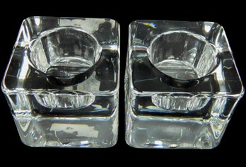 Pair Signed Orrofors Crystal Sweeden Ice Cube Candle Holders