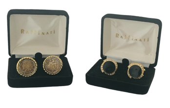 1950's Vintage Raffinati Lot Of 2 Pairs Gold Tone Cuff Links Faux Stones & Mercury Dime Toning Coin Insets